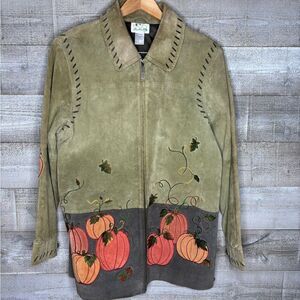Quacker Factory large 100% Leather suede Jacket with Pumpkin Design fall autumn